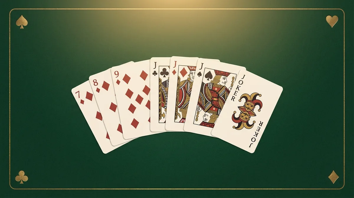 A hand of 13 Ind Rummy cards arranged into a pure sequence, an impure sequence and a set, showing how Indian Rummy is played.