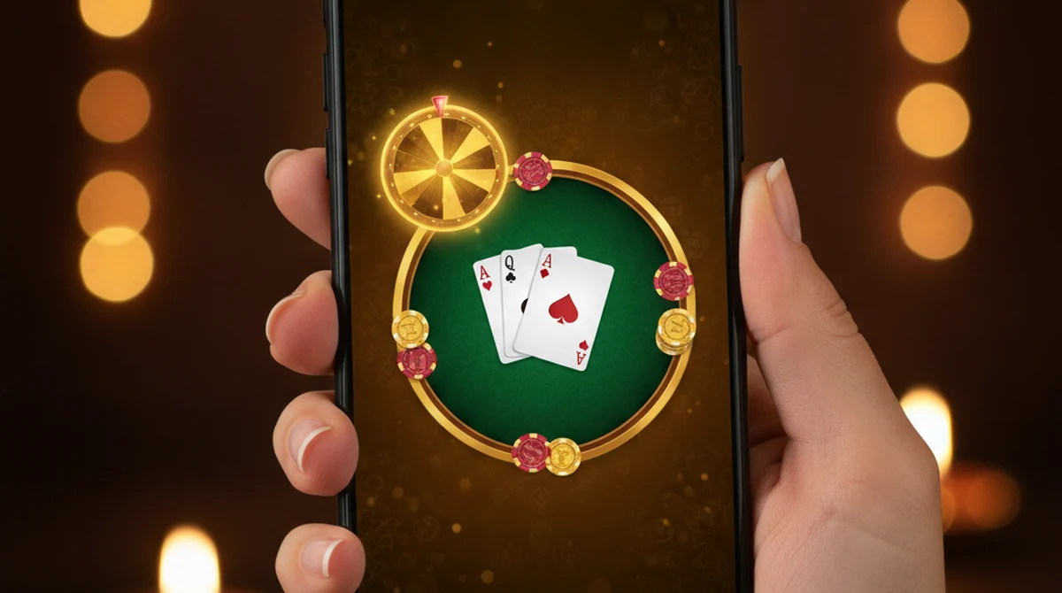 A smartphone displaying the Teen Patti Diya interface with festive gold motifs.